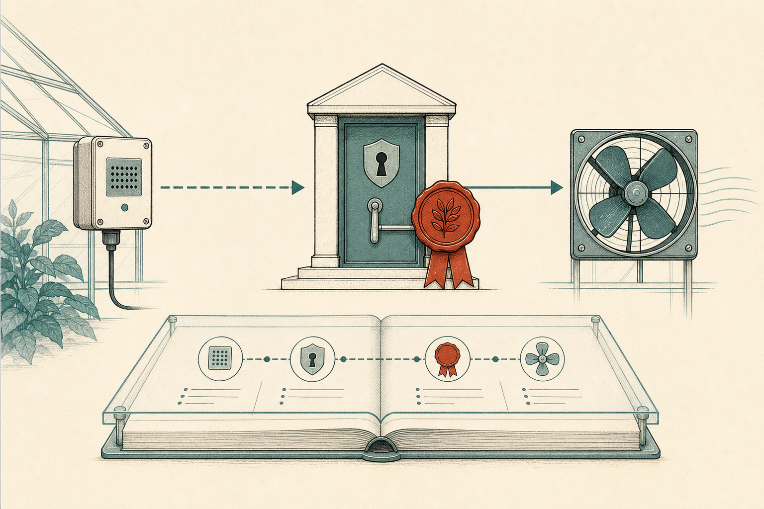A sensor reaches a fan through a policy gate and ledger.