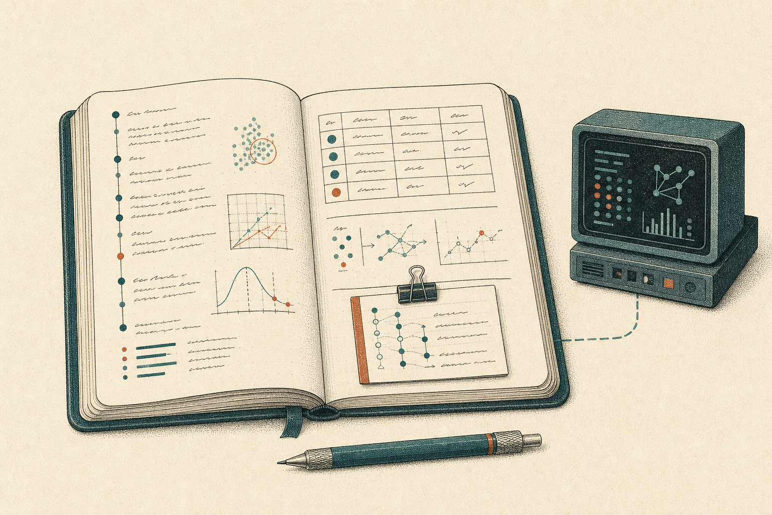 An open research notebook connects to a small experiment terminal.
