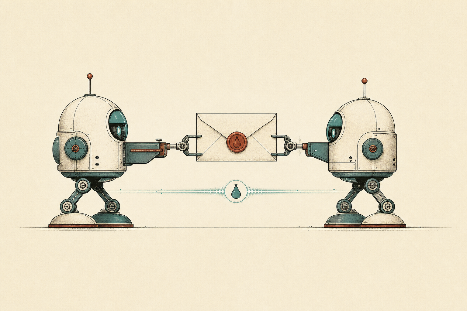 Two machines exchange a sealed letter through a direct link.